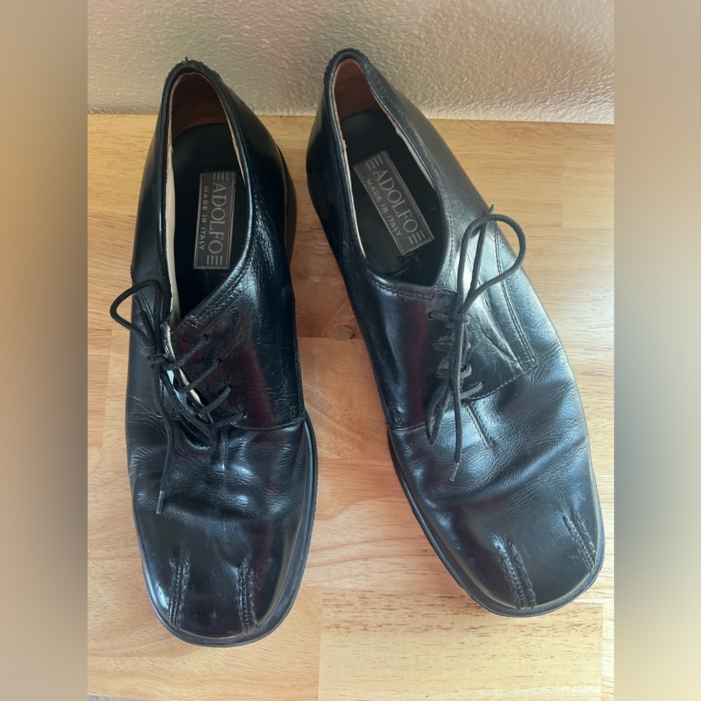 Adolfo Black Leather Mens Shoes Size 10 M 3327/1 Made in Italy - Great Condition